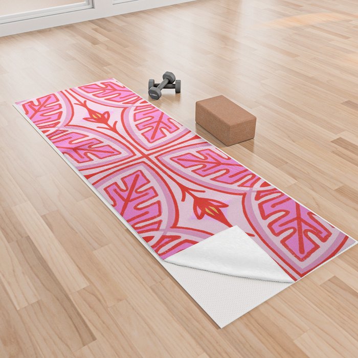 Pretty In Pink Tropical Monstera Leaf Tile Quilt Style Repeat Pastel Red Floral Line Art Pattern Yoga Towel