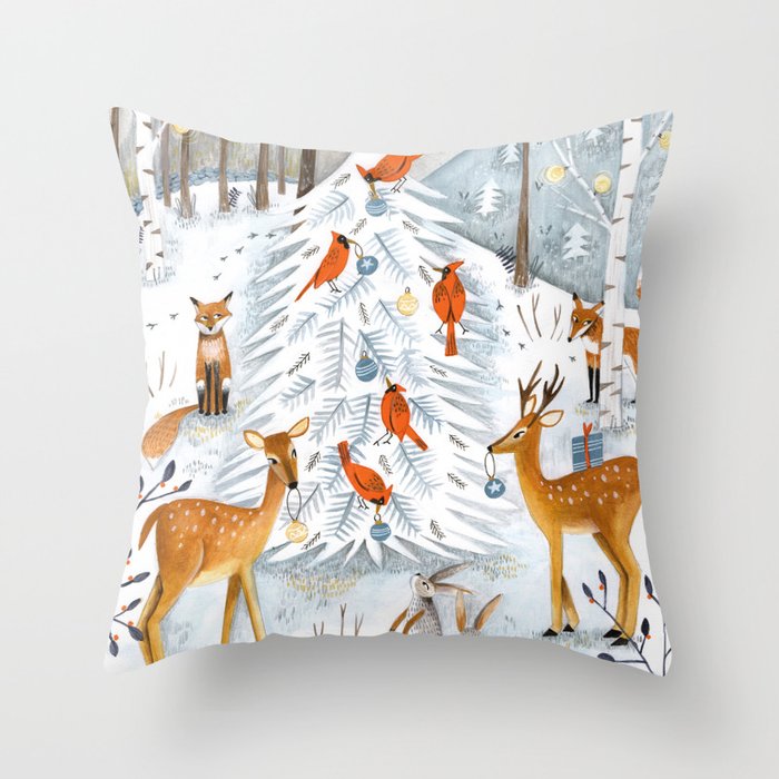 Christmas snow woodland animals Throw Pillow