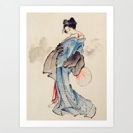 Woman, Portrait Wearing Kimono with Check Design by Katsushika Hokusai  Art Print