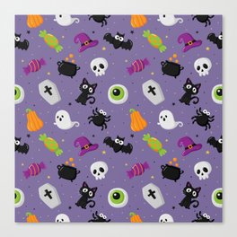 Halloween Seamless Pattern with Funny Spooky on Purple Background Canvas Print
