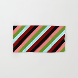 [ Thumbnail: Eyecatching Light Coral, Green, Turquoise, Maroon & Black Colored Striped/Lined Pattern Hand & Bath Towel ]