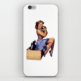 Brunette Pin Up Blue Skirt And Shoes Two Dogs Puppies iPhone Skin