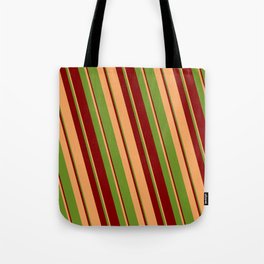 [ Thumbnail: Brown, Green & Maroon Colored Striped/Lined Pattern Tote Bag ]