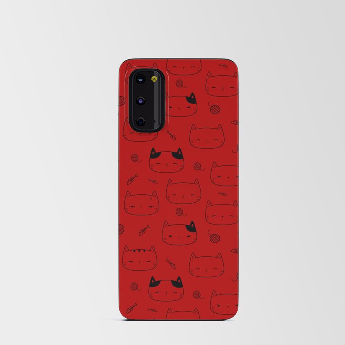 Red and Black Doodle Kitten Faces Pattern Android Card Case