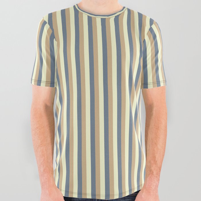 Light Yellow, Tan & Slate Gray Colored Lined Pattern All Over Graphic Tee