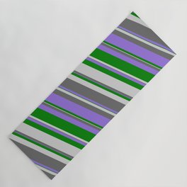 [ Thumbnail: Dim Gray, Purple, Green & Light Grey Colored Lined Pattern Yoga Mat ]