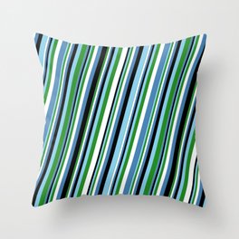 [ Thumbnail: Eye-catching Sky Blue, Forest Green, White, Blue & Black Colored Lined Pattern Throw Pillow ]