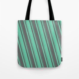 [ Thumbnail: Dim Gray & Aquamarine Colored Lined/Striped Pattern Tote Bag ]