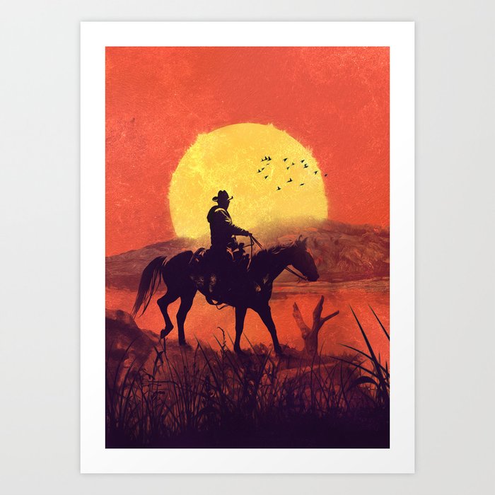 Red dead cowboy sunset  Art Print