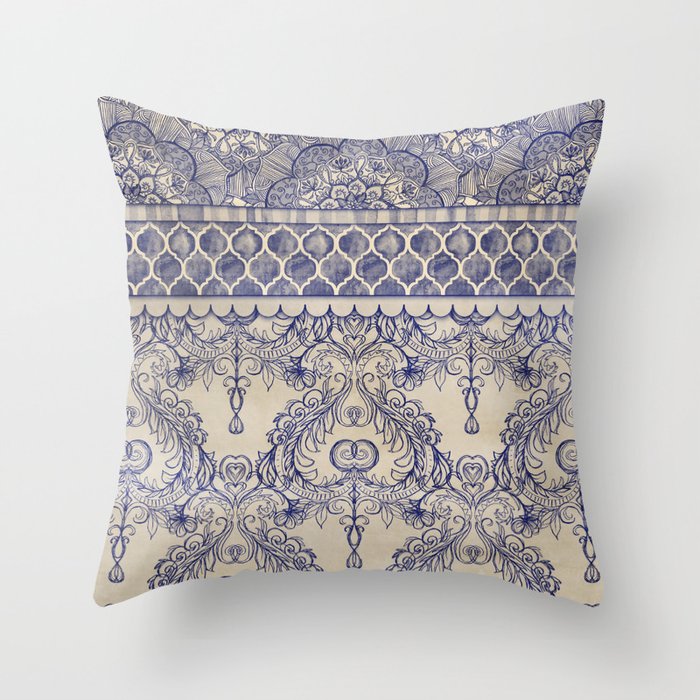 Vintage Wallpaper - hand drawn patterns in navy blue & cream Throw Pillow