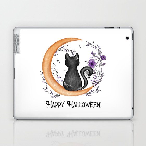 Happy Halloween cat in moon silhouette Laptop & iPad Skin