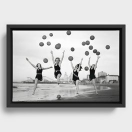 Balloons dancers on the seashore female roaring twenties jazz age portrait black and white photograph - photography - photographs Framed Canvas