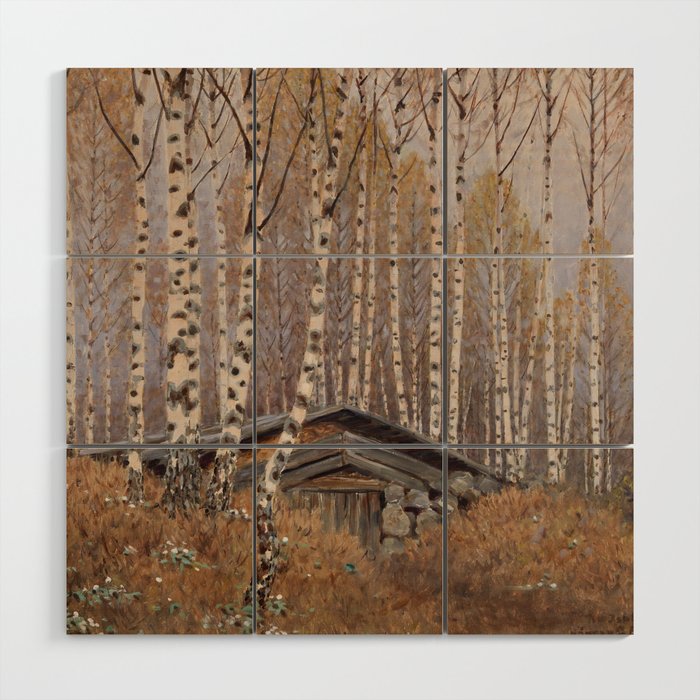 White birches with forest hut | winter mountain landscape painting | by Gustaf Fjaestad Wood Wall Art