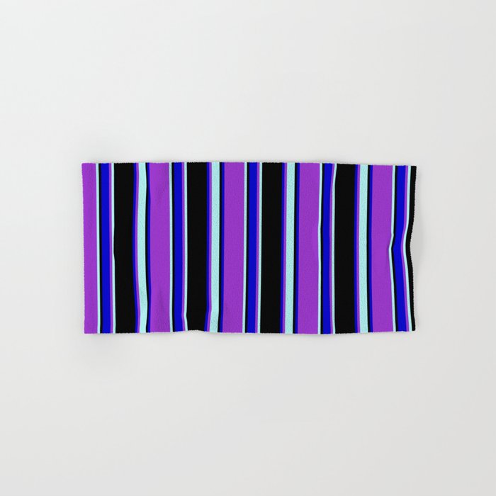 Dark Orchid, Turquoise, Black, and Blue Colored Striped/Lined Pattern Hand & Bath Towel