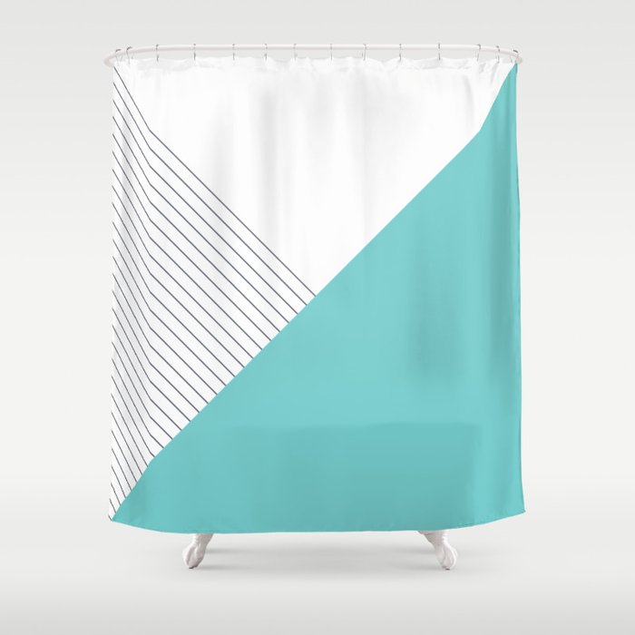Green Turquoise Triangle and Half Black Stripes Abstract on White Shower Curtain