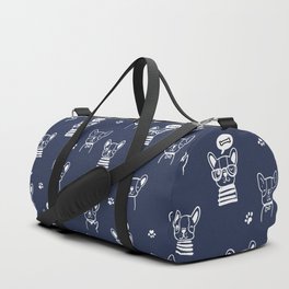 Navy Blue and White Hand Drawn Dog Puppy Pattern Duffle Bag