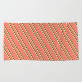[ Thumbnail: Salmon, Forest Green & Tan Colored Stripes Pattern Beach Towel ]