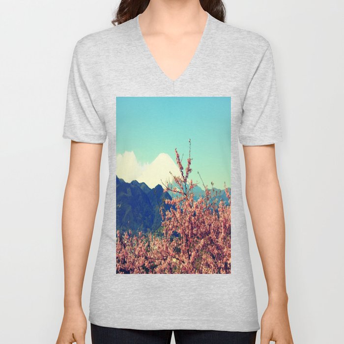Mountains & Flowers Landscape V Neck T Shirt