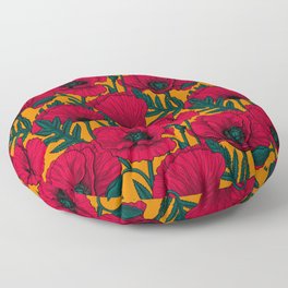 Red poppy garden    Floor Pillow | Leaves, Vintage, Pattern, Nature, Botanical, Flower, Red, Yellow, Design, Wild 