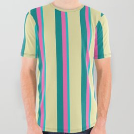 [ Thumbnail: Dark Turquoise, Hot Pink, Dark Cyan & Pale Goldenrod Colored Lined Pattern All Over Graphic Tee ]