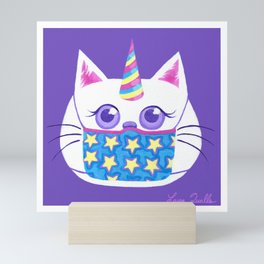 Unicorn Cat with Mask (Purple) Mini Art Print