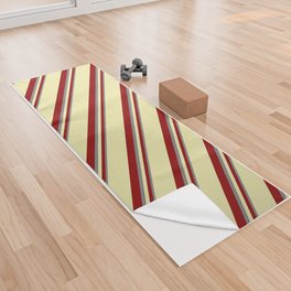 [ Thumbnail: Grey, Dark Red & Pale Goldenrod Colored Striped Pattern Yoga Towel ]