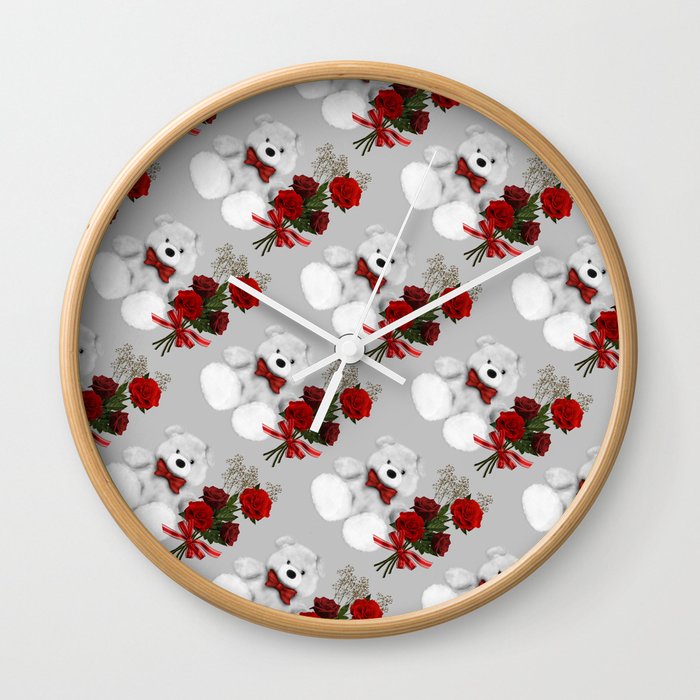 Cute Teddy Bear Beautiful Red Roses Lt Wall Clock