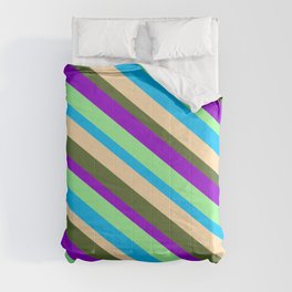 [ Thumbnail: Vibrant Tan, Dark Olive Green, Dark Violet, Green & Deep Sky Blue Colored Lined/Striped Pattern Comforter ]