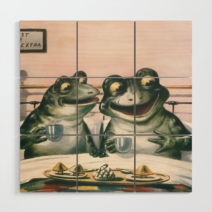 Breakfast In Bed Frogs Vintage Postcard Art Wood Wall Art