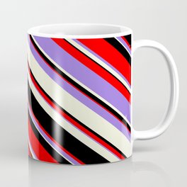 [ Thumbnail: Red, Purple, Beige & Black Colored Pattern of Stripes Coffee Mug ]
