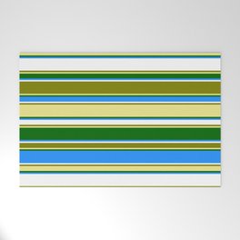 [ Thumbnail: Eyecatching Green, Tan, Dark Green, Blue, and White Colored Lines Pattern Welcome Mat ]