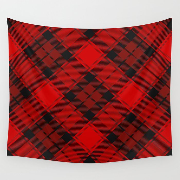 Red Tartan with Diagonal Dark Red and Black Stripes Wall Tapestry