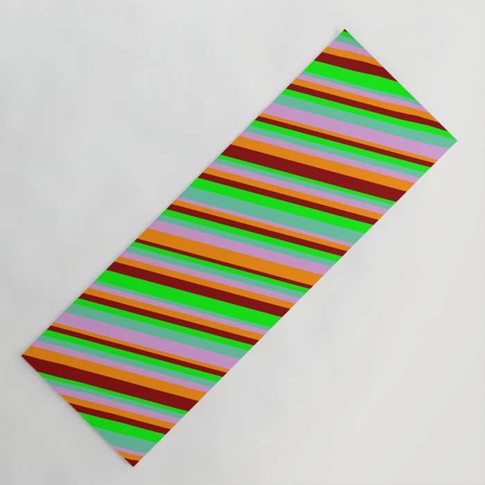 Lime, Aquamarine, Plum, Dark Orange & Dark Red Colored Lines/Stripes Pattern Yoga Mat
