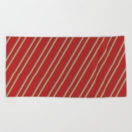 [ Thumbnail: Red, Gray, and Dark Khaki Colored Striped Pattern Beach Towel ]