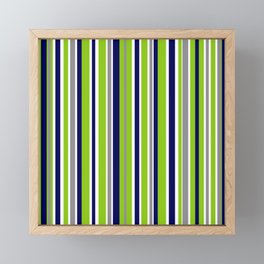 Lime Green Bright Navy Blue Gray and White Vertical Stripes Pattern Framed Mini Art Print