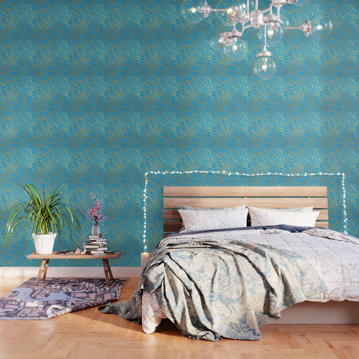 Light Blue Gold colored abstract lines pattern Wallpaper
