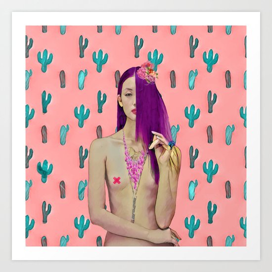 Pink Cactus and beauty model Art Print