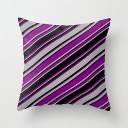 [ Thumbnail: Purple, Dark Gray & Black Colored Striped/Lined Pattern Throw Pillow ]