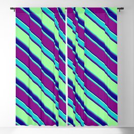 [ Thumbnail: Green, Dark Turquoise, Purple, and Dark Blue Colored Striped Pattern Blackout Curtain ]