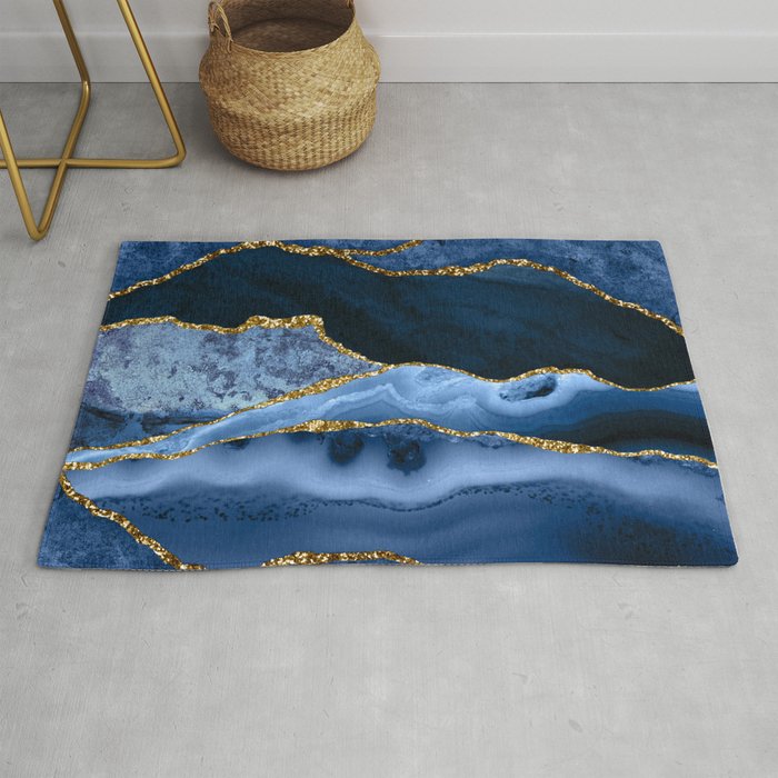 Ocean Waves Marble Blue And Golden  Rug
