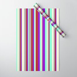 [ Thumbnail: Dark Violet, Red, Dark Grey, Beige & Aquamarine Colored Striped Pattern Wrapping Paper ]