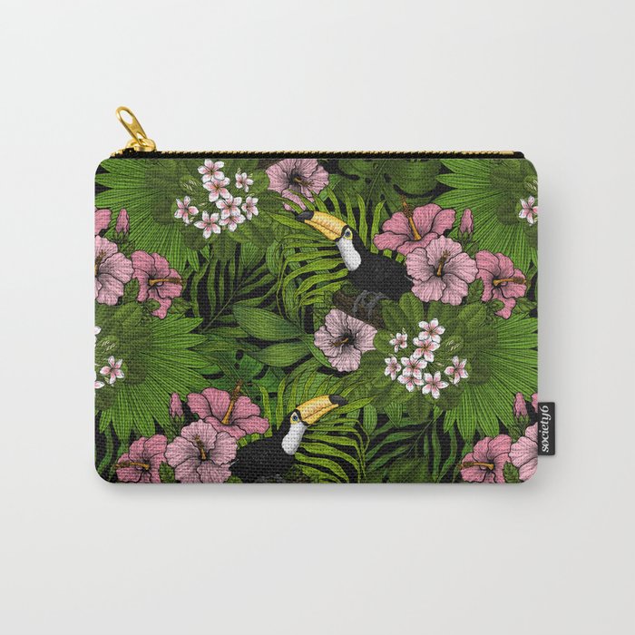 Toucans and tropical flora, green and pink Carry-All Pouch