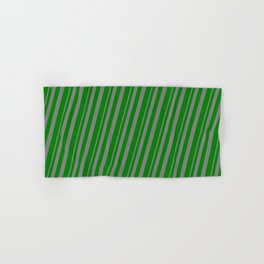 [ Thumbnail: Grey & Green Colored Stripes/Lines Pattern Hand & Bath Towel ]