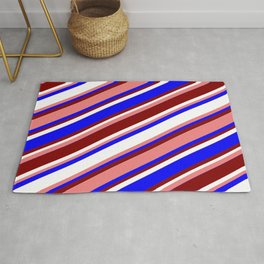 [ Thumbnail: Light Coral, Blue, Maroon, and White Colored Stripes Pattern Rug ]