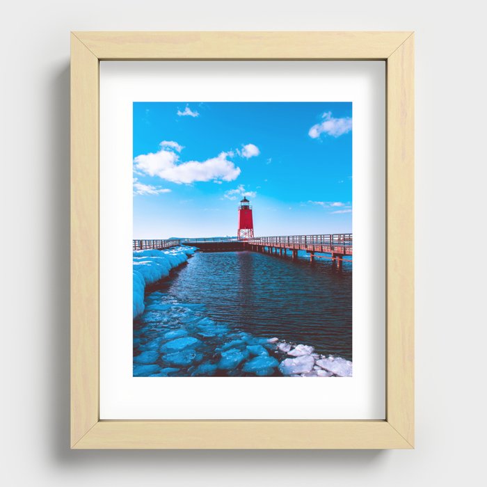 Winter day at the Charlevoix Michigan Lighthouse Recessed Framed Print