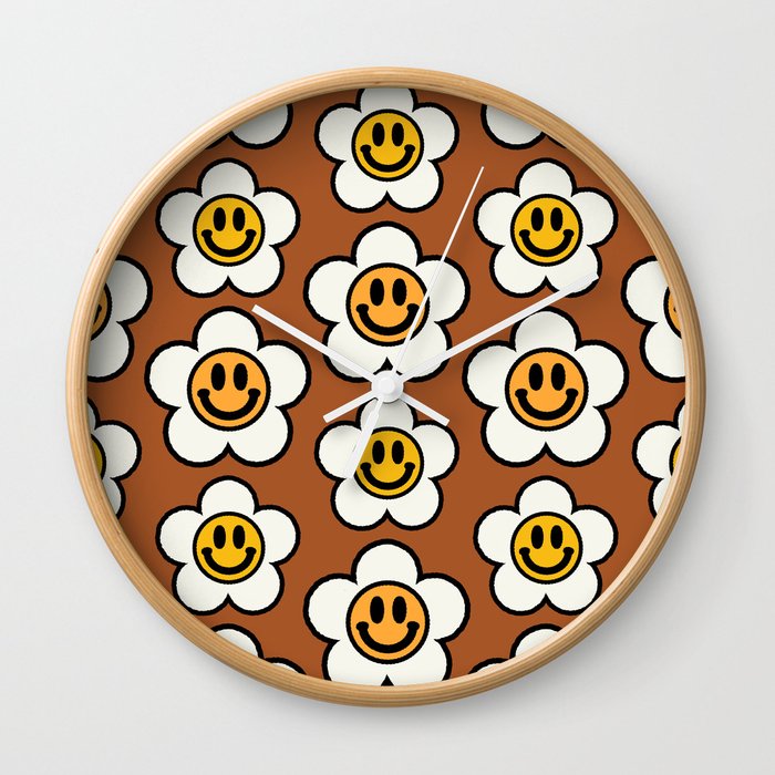 Bold And Funky Flower Smileys Pattern (Ginger Bread BG color) Wall Clock