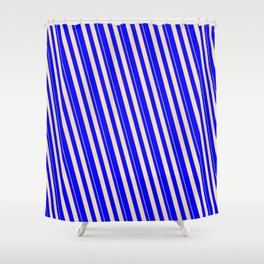[ Thumbnail: Tan & Blue Colored Stripes/Lines Pattern Shower Curtain ]