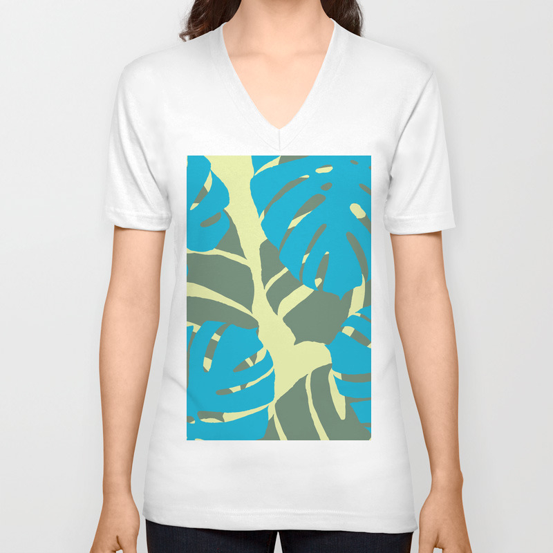 Big Turquoise Monstera Leaves Yellow Unisex V-Neck T-shirt by carmenjc