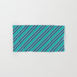 [ Thumbnail: Light Sea Green, Violet, and Black Colored Lined/Striped Pattern Hand & Bath Towel ]