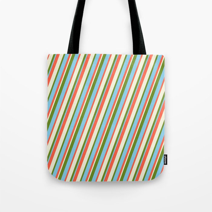 Red, Beige, Green, and Sky Blue Colored Stripes Pattern Tote Bag